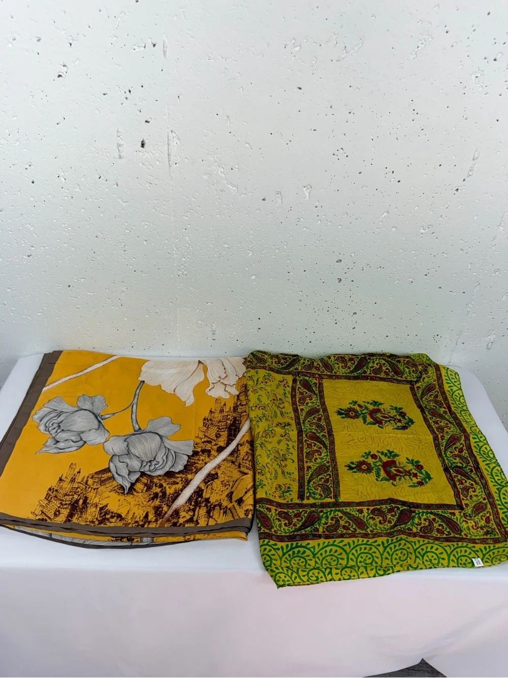 Lot of 2 Unbranded Large Yellow and Beige and Silk Yellow Red Green Silk